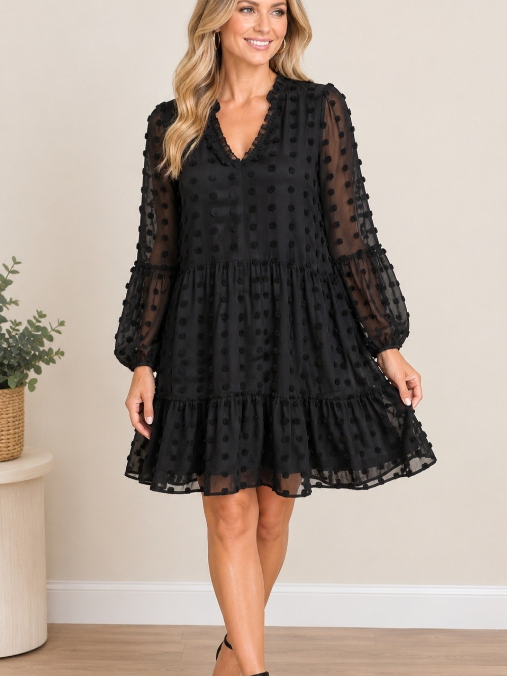 Halogen Black Swiss Dot Tiered Dress